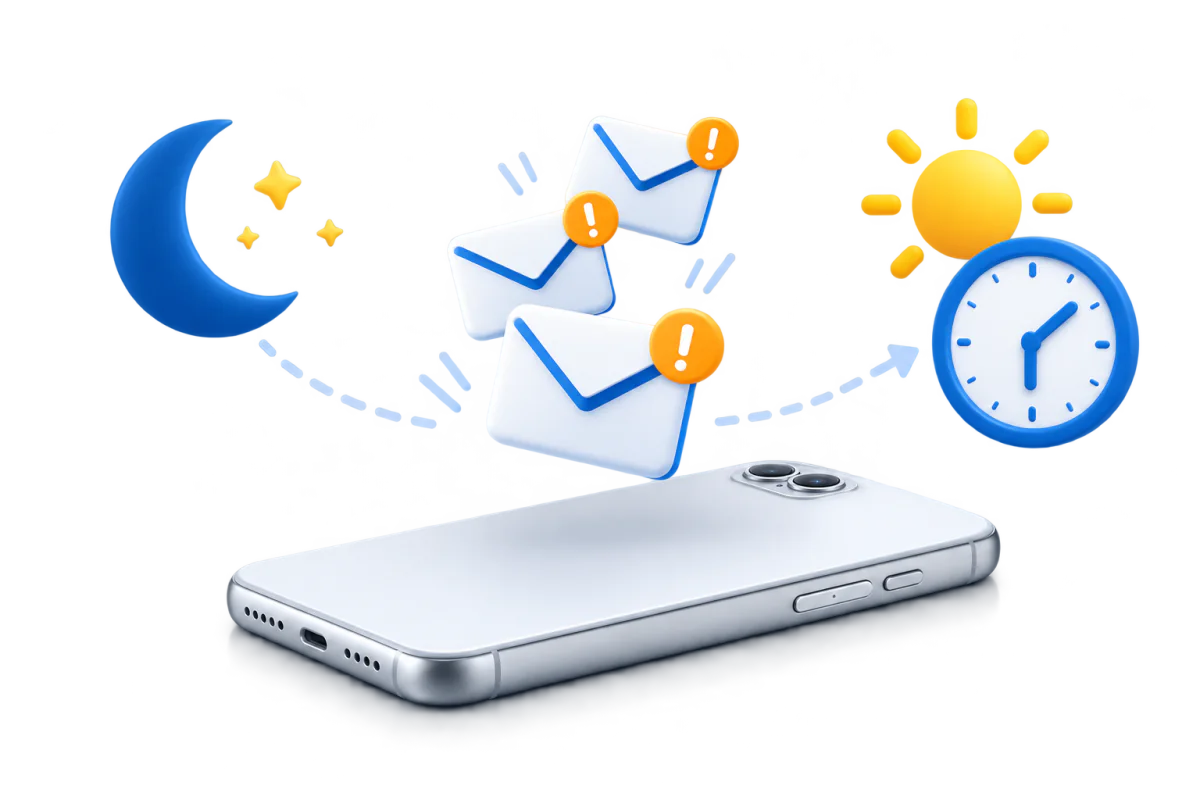 伏せて置かれたスマートフォンの上に、夜のあいだに届いた注意マーク付きのメールがたまり、朝になって気づくイラスト