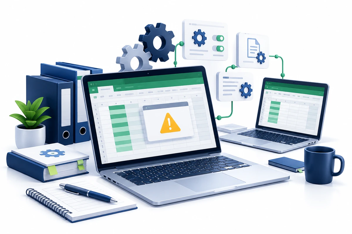 動かないExcelマクロや利用環境の設定を確認するイメージ