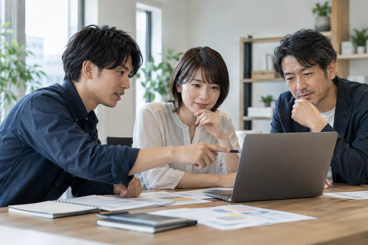 ノートパソコンを囲んで打ち合わせをする3人